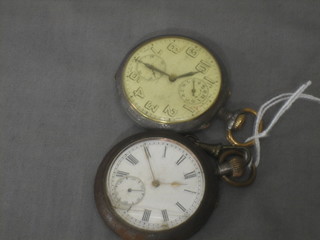 2 open faced pocket watches contained in gun metal cases
