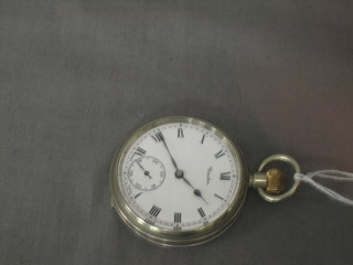 A keyless open faced pocket watch contained in a plated case marked Meston