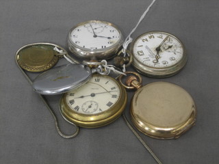 A silver plated pocket watch contained in a full hunter case and 4 other watches (all f) and a pendant watch 