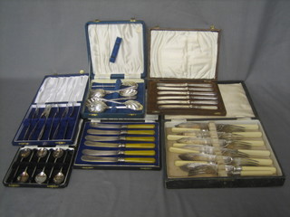 A set of 6 silver plated fish knives and forks, 2 sets of silver plated tea knives, 6 silver plated pastry forks, 6 silver plated soup spoons and 6 do. bean end coffee spoons, all cased