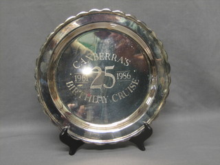 A circular sliver plated dish to commemorate the 25th Birthday Cruise of Canberra, 2 Fred Olsen Cruise silver plated goblets and a small silver plated dish