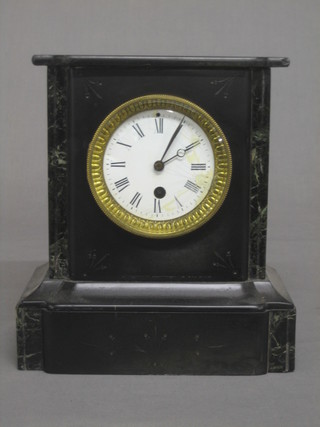 A Victorian French 8 day mantel clock with enamelled dial and Roman numerals contained in a slate case