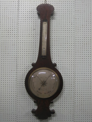 A 19th Century mercury wheel barometer and thermometer with silvered dial, by Joshua Ronchetti of Manchester contained in a mahogany case (missing ivory indicator button)