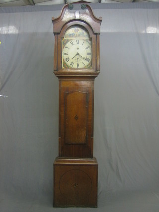 An 18th Century 30 hour longcase clock with 13" arch shaped painted dial with calendar hand contained in an oak case 84"