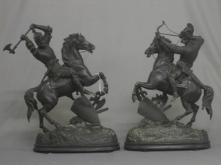 A pair of Victorian spelter figures of mounted warriors 19" (1f)