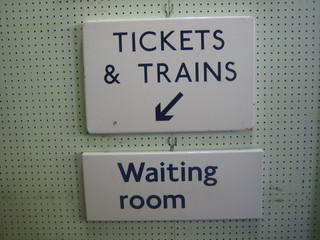 2 blue and white enamelled Underground Railway signs - Tickets and Trains and Waiting Room, the reverse to one marked Green Park