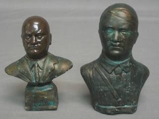 A plaster bust of Hitler 6" and other Mussolini 5"