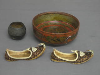 A small pair of Eastern slippers, a Russian circular lacquered bowl 9" and a circular carved coconut bowl 3"