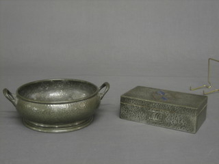 A circular planished pewter twin handled bowl, the base marked Unity Pewter 8" together with a rectangular hammered pewter cigar box with hinged lid 8"