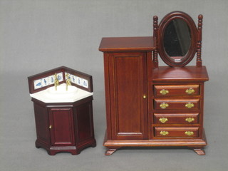 A dolls house combination wardrobe with mirror over and fitted 4 long drawers on bracket feet 4" together with a corner hand basin 2"