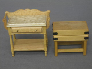 A dolls house Butcher's block 2" and a pine finished wash stand 3"
