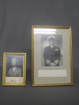 A black and white photograph of Mountbatten with dedication underneath together with a black and white photograph of Queen Mary signed (2)