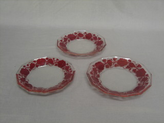 3 Victorian octagonal clear glass ice dishes with red vinery decoration 8" (some  chips)