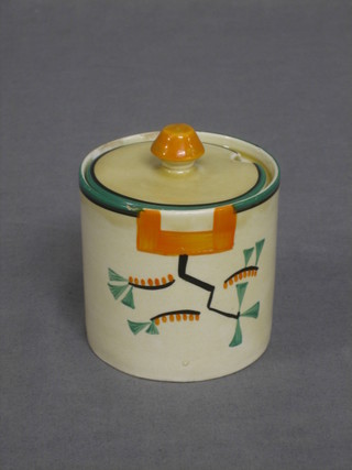 A circular Clarice Cliff preserve jar and cover, the base marked Clarice Cliff Bizarre 5799 3" (chipped)
