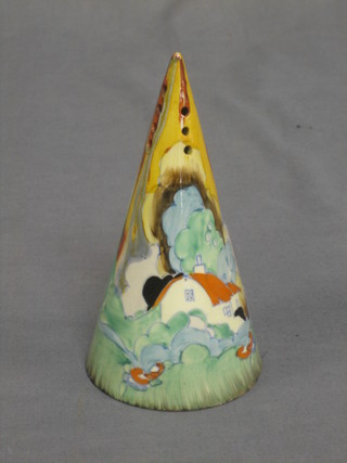 A Clarice Cliff conical shaped sugar sifter decorated a Country Cottage 5 1/2"