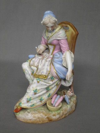 A biscuit porcelain figure of a seated lady 7"