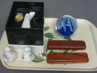 A circular glass paperweight, 2 Harmony Kingdom pens, A pair of Royal Doulton Lavender rose salt and pepper pots, 2 Fragrance lamps and other items
