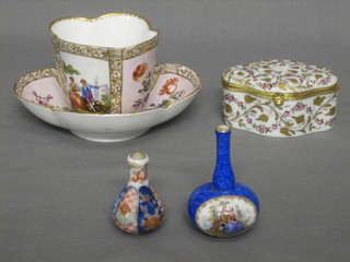 A Dresden style cup and saucer with panelled painted decoration 3" (f), a miniature porcelain vase 2 1/2", an Imari style vase 2" and a Continental shaped porcelain trinket box 3"