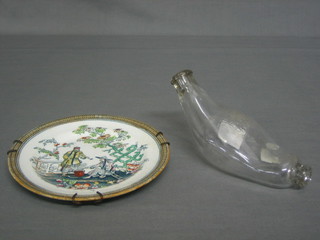 A glass double ended infant feeding bottle, the Alenburys Feeder together with a circular plate decorated Oriental figures