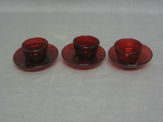 6 hand blown red glass tea bowls and saucers