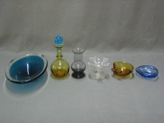 An oval blue Art Glass dish 12", 2 small Art Glass dishes and a collection of various Art Glass
