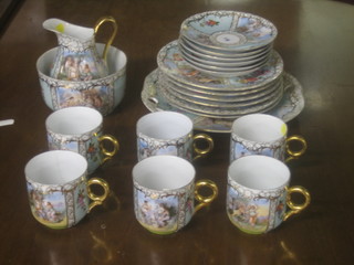 A 21 piece Dresden style tea service comprising twin handled plate 10", 6 tea plates 7 1/2", 6 cups and 6 saucers (2 cups cracked), cream jug and sugar bowl (cracked)