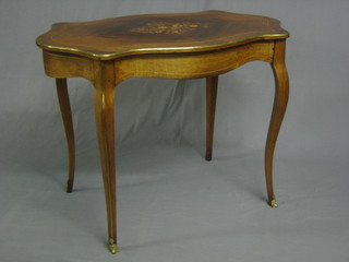 A French inlaid Kingwood centre table of serpentine outline and with brass banding, fitted a drawer raised on cabriole supports 39"