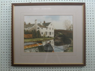 Valerie White, watercolour drawing "Canal with House, Bridge and Long Boat" 10" x 14" signed and dated 1984
