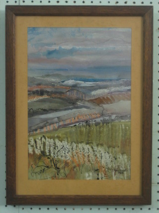 Dora Hurst, impressionist watercolour drawing "Moorland Landscape" signed and dated 1965 13" x 9"