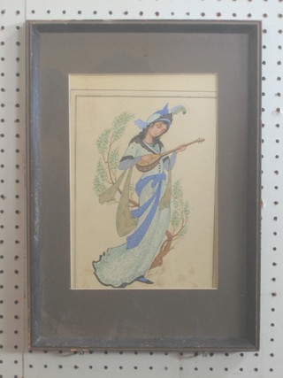A Continental watercolour drawing "Standing Lady with Musical Instrument" 10" x 7"