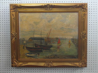 Montague Gosden, impressionist oil on canvas "River Scene with Fishing Boats", contained in a gilt frame 15" x 19"