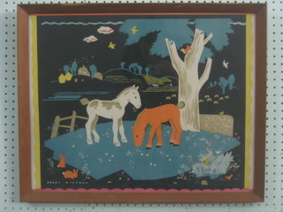 Peggy Wickham, a 1960's coloured print "Horses in Paddock" 17" x 21"