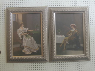 A pair of 19th Century Continental oil paintings on canvas "Study of a Seated Noble Woman and Seated Gentleman with Mandolin" 15" x 10"