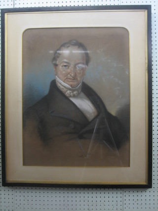 Victorian gouache head and shoulders portrait "Jeremiah Rayle" 24" x 19", indistinctly signed bottom left hand corner and labelled to the reverse - Jeremiah Rayle Father of Ellen Rayle & Grandfather of Lady Richards died 1847