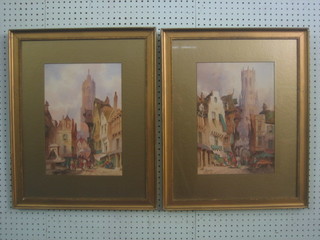 W Allen, a pair of watercolour drawings "Bruges Street Scenes with Cathedral in Distance" 14" x 10"
