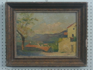 Impressionist oil on board "Continental Landscape with Mountains in Distance and Villas" 9 1/2" x 13"