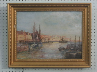 19th Century oil on canvas "Continental Harbour Scene with Boats" 11" x 14"