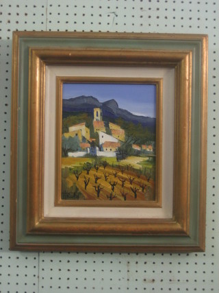 Impressionist oil on canvas "South of France Scene with Vineyard, Village and Mountains" 10" x 8"