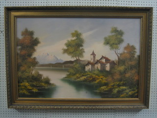 Recco, Italian School oil painting on canvas "Lake with Building" (slight hole) 22" x 35"