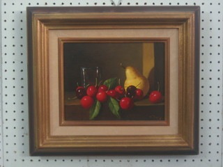 Oil on canvas, still life study "Cherries, a Pear and a Glass" indistinctly signed 7" x 9"