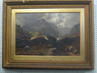 19th Century oil painting on canvas "Highland Scene with Mountains, River and Stag" 15" x 23" (slight tear to canvas)