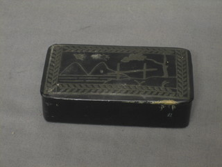 A 19th Century rectangular lacquered snuff box containing a collection of studs etc 3 1/2"