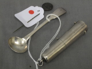 A silver cigar holder case, a Georgian silver mustard spoon and a stick pin