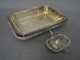 3 various rectangular silver plated entree dish bases and a silver plated mustard pot