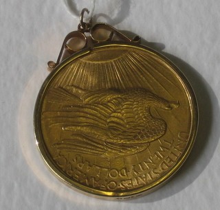 An American 1908 20 dollar gold coin mounted as a pendant