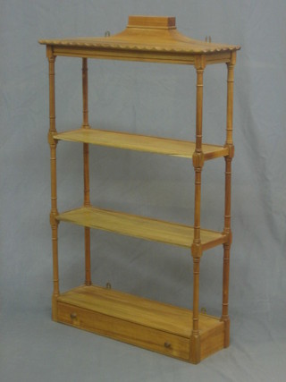 A bleached mahogany Chippendale style hanging 3 tier what-not the base fitted a drawer 22" 