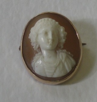 A shell carved cameo portrait brooch contained in a gold mount