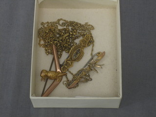 A 9ct gold bar brooch, 2 other bar brooches and 2 gilt metal chains