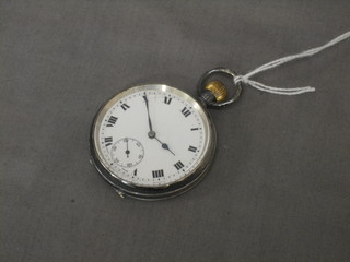 An open faced keyless pocket watch with enamelled dial contained in a silver case (hinges f)