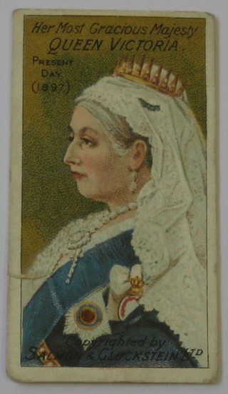 Salmon & Gluckstein's Cigarette cards 3 out of a set of 6 - Her Most Gracious Majesty Queen Victoria, Singleton & Cols 4 out of a set of 40 - Kings and Queens, Salmon & Gluckstein 1 out of a set of 12 - British Queens, Taddy & Co.'s 1 out of a set of 8 - Coronation Series and Taddy's 6 out of a set of 25 - Royalty Series